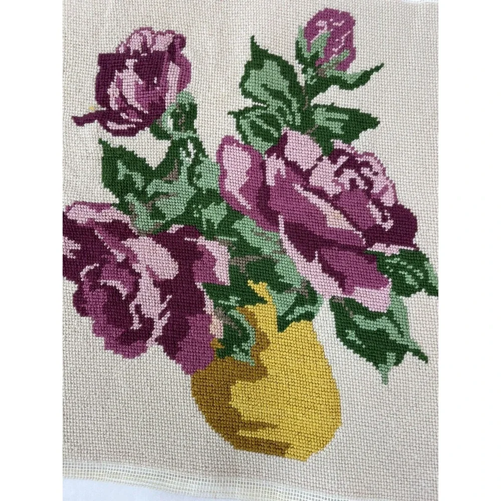 Vintage Needlepoint  13x13 Completed Unframed Pink Roses in Gold Vase‎